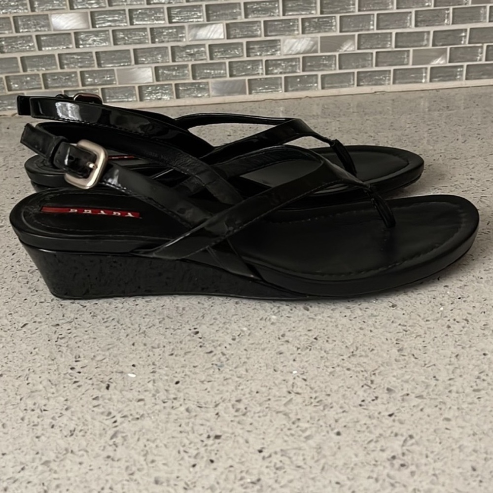 Prada Black Patent Leather Slingback Thong Sandals - Picture 2 of 4